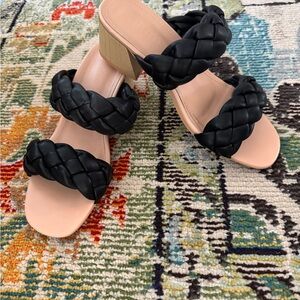 Woven Double-Strap Block Heel Sandals - Black